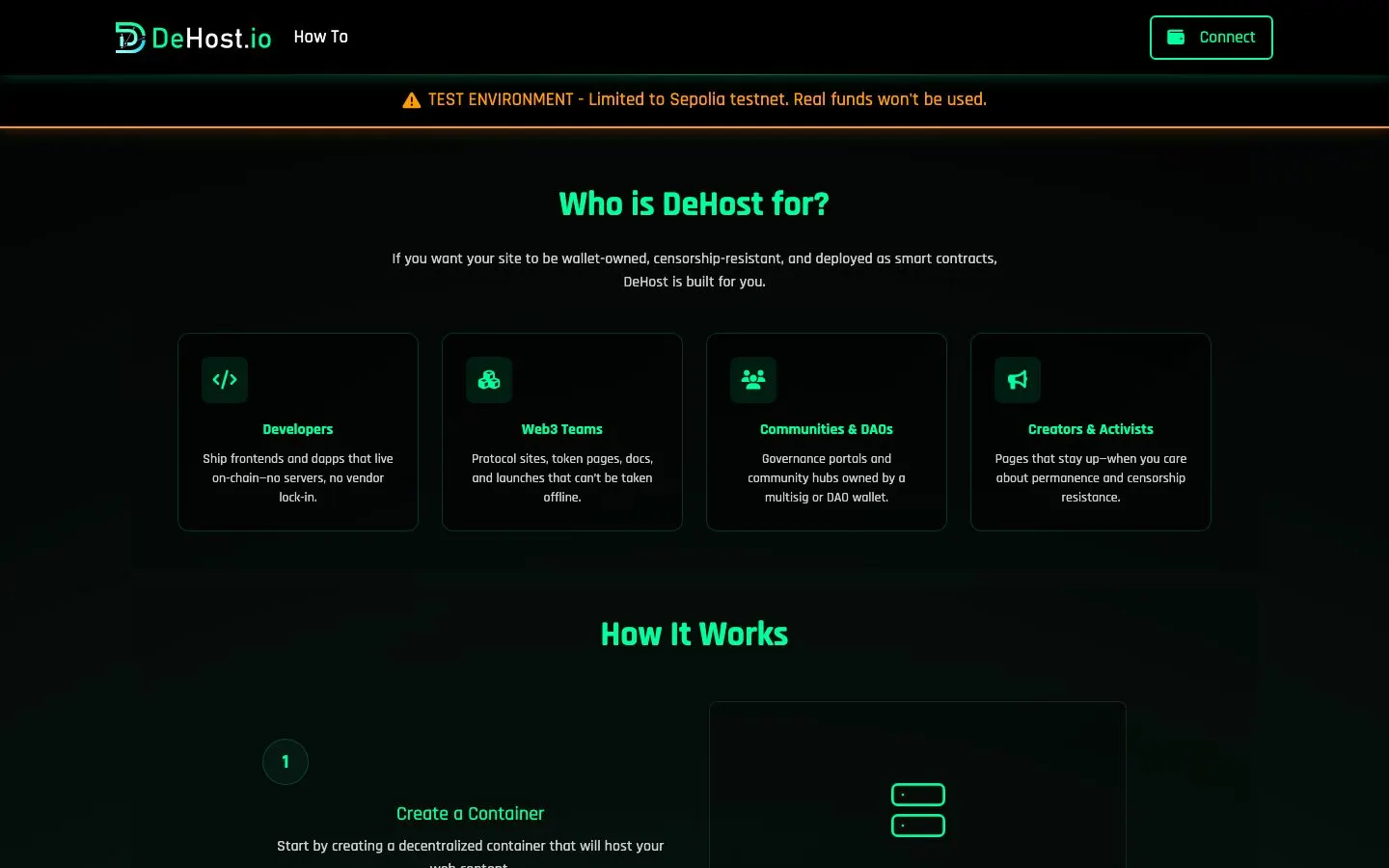 The “Who is DeHost for?” section of dehost.io, with cards for developers, Web3 teams, communities and DAOs, and creators and activists, above the start of “How It Works”