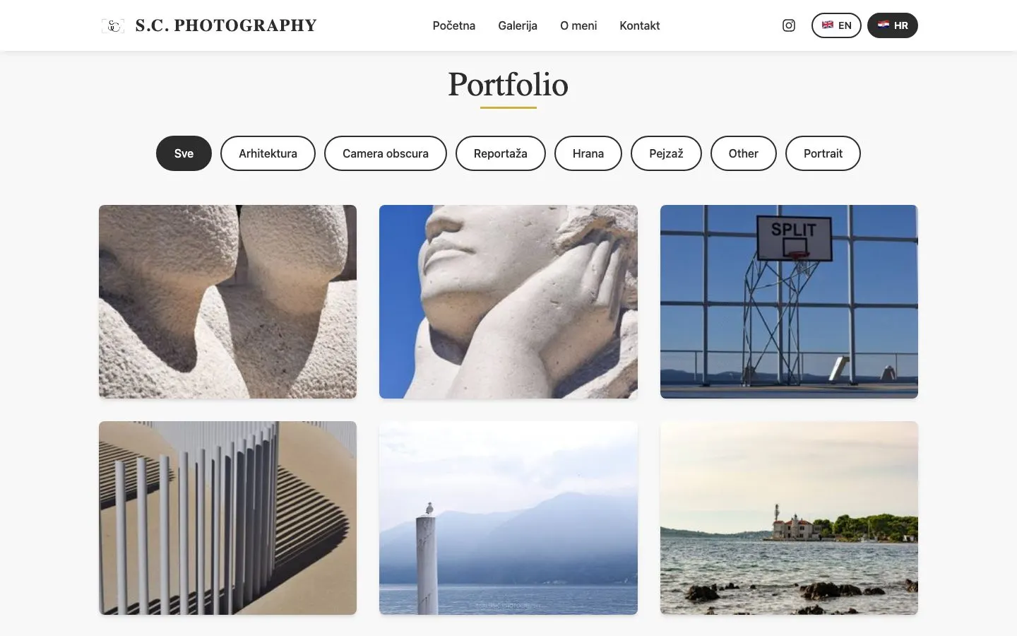 The portfolio page of scalusic.photography, a photographer’s site running on the platform, with category filters above a grid of photos