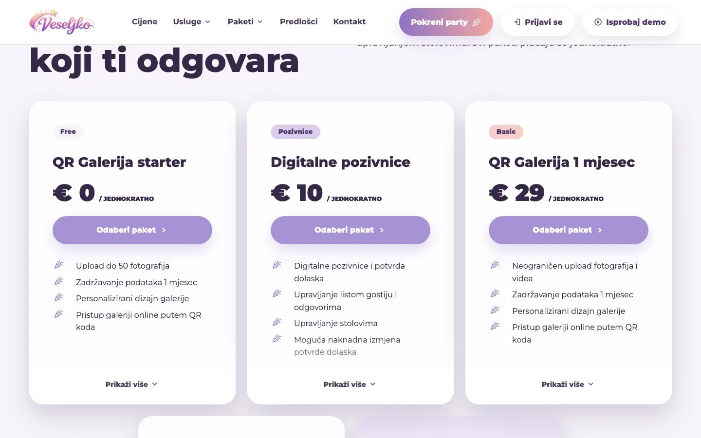 Veseljko’s package pricing in Croatian: three cards for a free QR gallery starter, digital invitations and a one-month QR gallery, each with a one-off price and its features